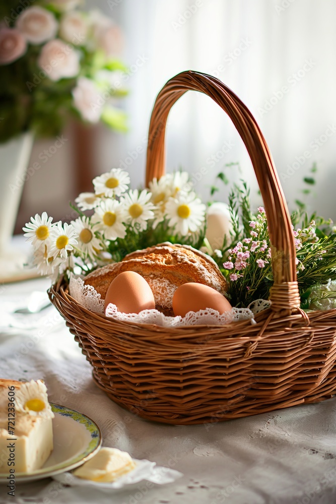 Easter wicker basket filled with fresh products, fresh bread, lard, cheese, painted eggs. A basket decorated with wild spring flowers stands on a table on a white tablecloth. Easter holiday concept