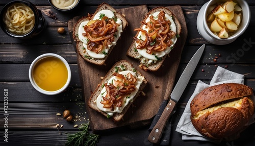 Sandwich with rye bread, butter, potatoes, sauce and crispy onions on a dark wooden background top view. Scandinavian cuisine. Easy and tasty lunch, dinner or beer snack. Free space for text. Rustic 