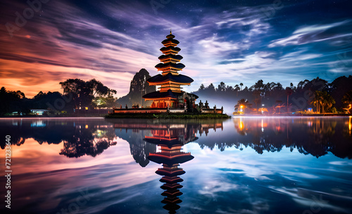 Pura temple at night with starry sky and reflection in water, Nyepi at Bali, Indonesia