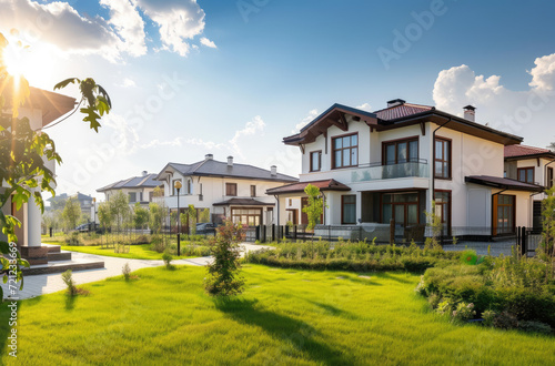 large houses with grass on yard near a beautiful sun