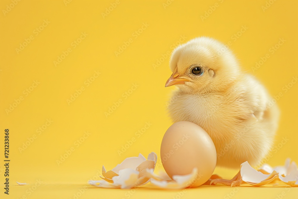 A small chicken with bright yellow fluff stands near an egg shell on a yellow background. Easter holiday concept