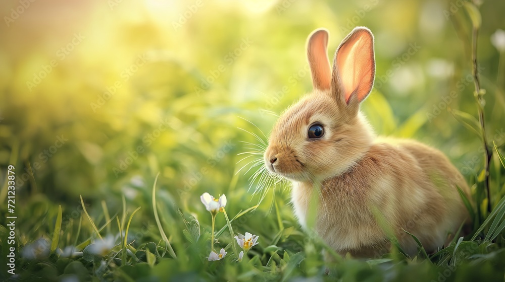 Fototapeta premium cute rabbit in the grass field on a spring day, copy space, banner