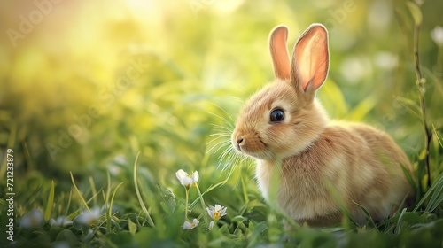 cute rabbit in the grass field on a spring day, copy space, banner