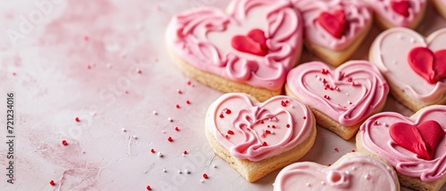 A close up view of frosted heart sugar cookies decorated beautifully in pink and red.