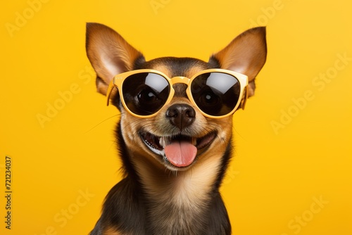 happy smiling chihuahua dog in yellow sunglasses on a bright yellow background © Маргарита Вайс