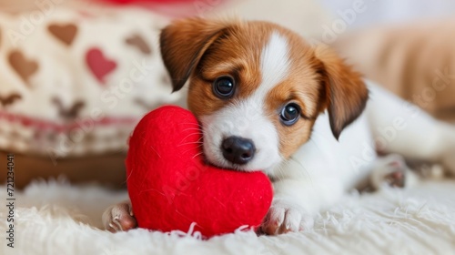Cute puppy with a red Valentine's Day heart shaped plush toy in his mouth.
