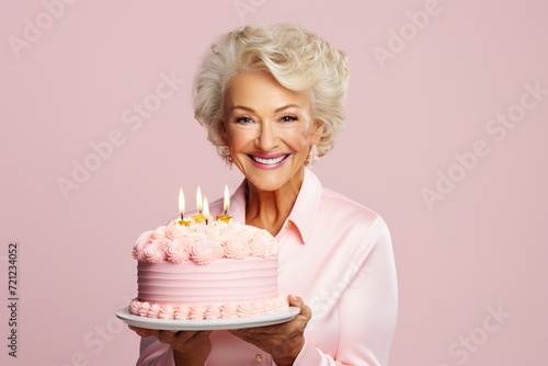 elegant happy elderly curly woman smiling holding birthday cake on pink background