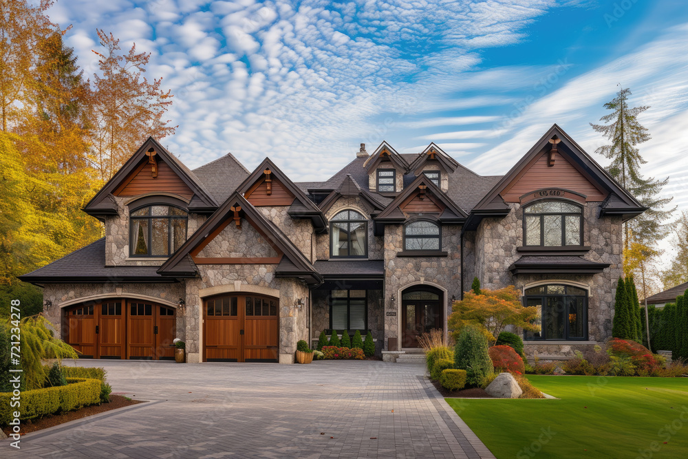 the beautiful exterior of a large home with double doors in front