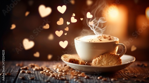 Still life of a cup of coffee with steamed milk and a cake, with hearts floating around it.