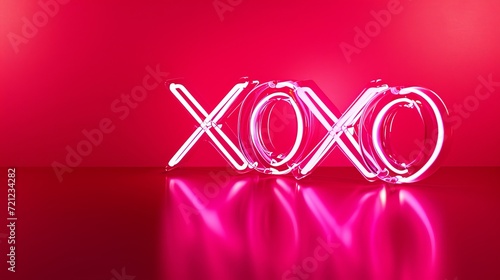 Bright pink neon "XOXO" sign reflected in a red chrome surface.