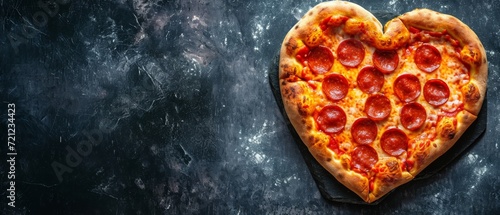 Heart-shaped pizza with salami on a table.