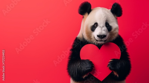 Panda holding up a big red paper heart with a smile.