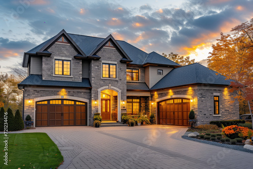luxury home exterior features front driveway and garage photo
