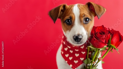Lovely puppy in heart pattern scarf with roses. © AIExplosion