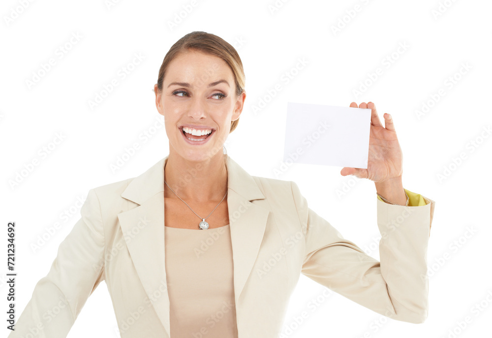 Space, smile or happy woman with business card for a sale, promotion offer or logo advertising deal. Show, plain bulletin board or entrepreneur with blank signage mockup in studio on white background Space, smile or happy woman with business card for a sale, promotion offer or logo advertising deal. Show, plain bulletin board or entrepreneur with blank signage mockup in studio on white background