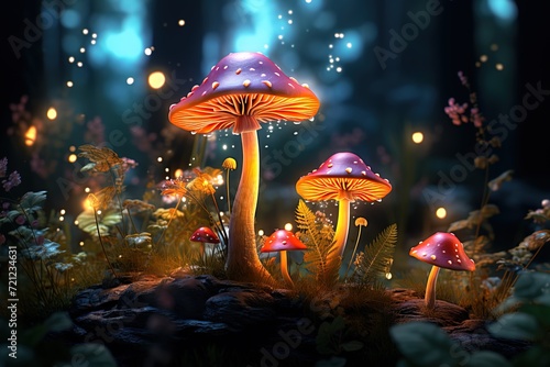 fantasy magic bright glowing mushrooms on the background of a fairytale night forest