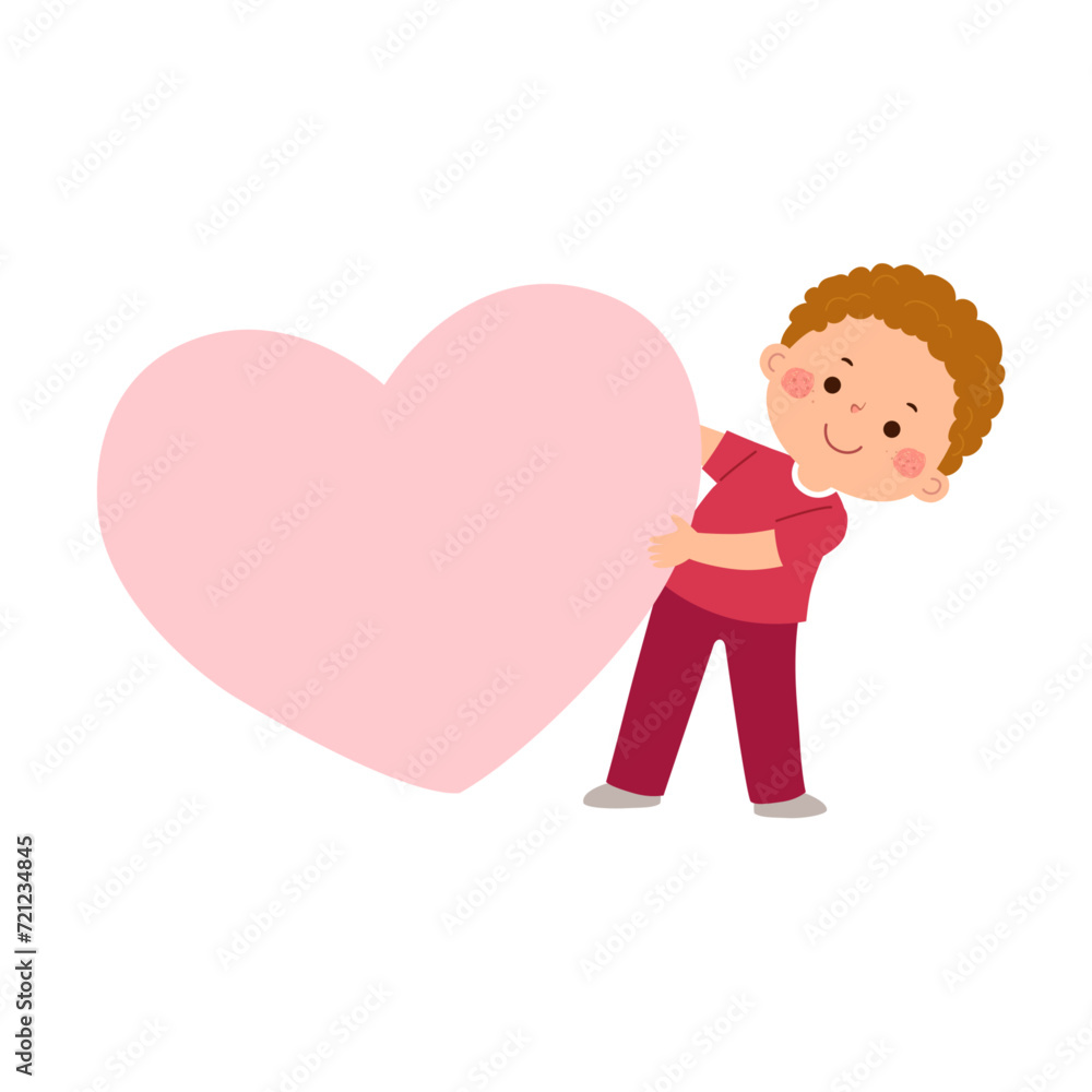 Cartoon little boy with big pink heart. Valentines Day concept. Cartoon little boy with big pink heart. Valentines Day concept.