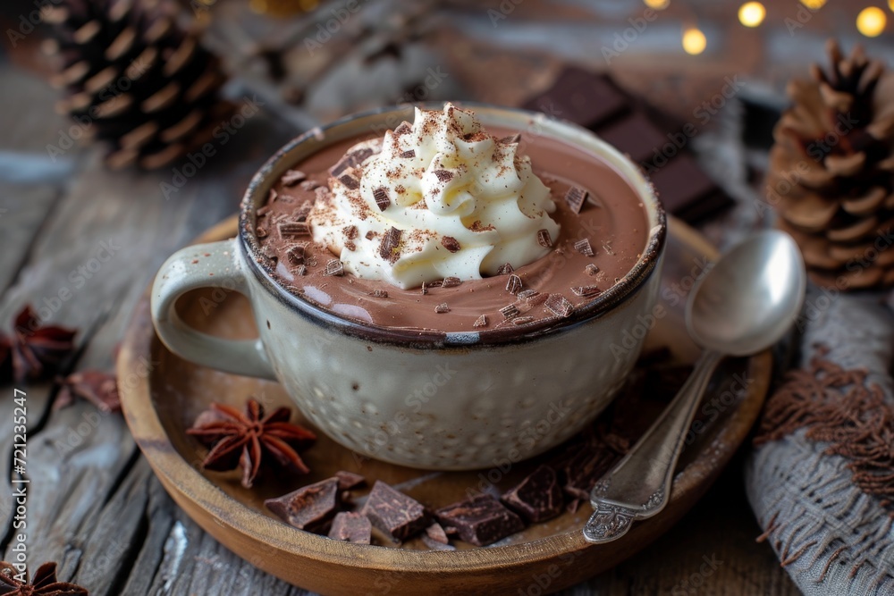 Delicious natural cocoa drink with chocolate in a mug on the table. A source of vitamins and energy