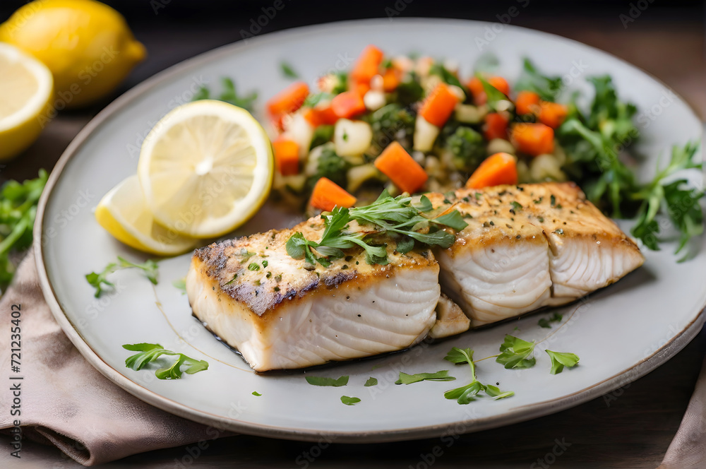 A plate of delicious mahi mahi slice bluefish recipe with fresh vegetables, lemon and herbs A plate of delicious mahi mahi slice bluefish recipe with fresh vegetables, lemon and herbs