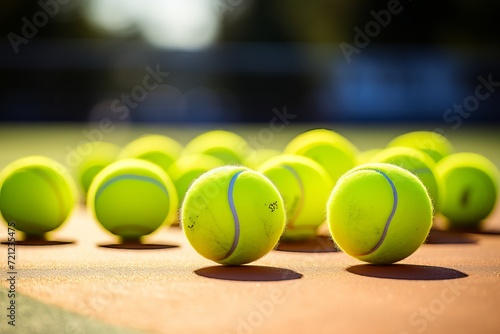 Professional tennis equipment set arranged on a vibrant tennis court surface for sports concept © Oleksandr Kliuiko