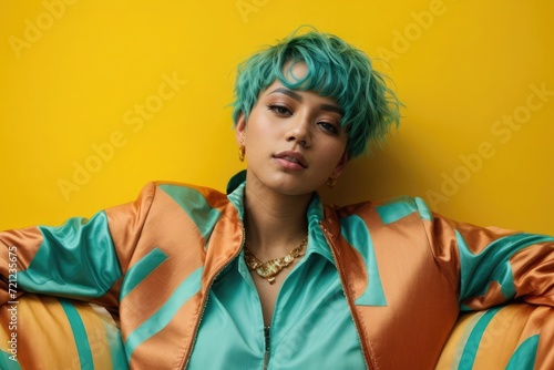 blonde female with colorful hair in style on yellow 