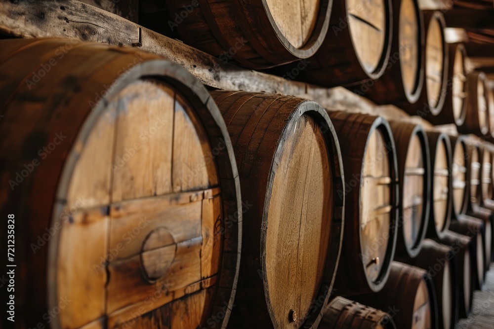 Wooden oak wine barrels stacked