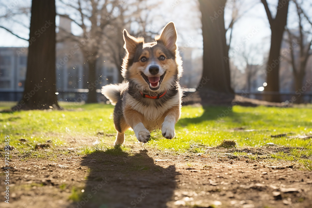 Cheerful cute dog running and playing in nature Cheerful cute dog running and playing in nature