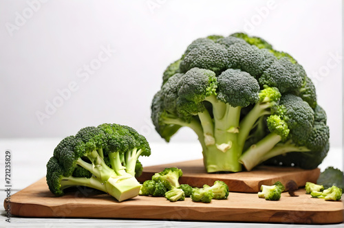 Fresh organic Broccoli on a wooden table isolated on a white background