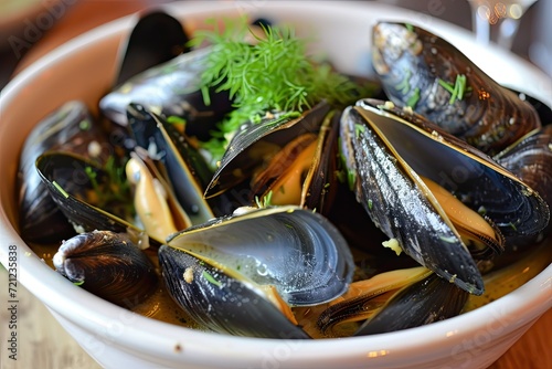 A delicious bowl of black mussels with white wine.