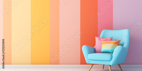 Pastel multicolor vibrant retro striped background wall frame with armchair interior home design, 
