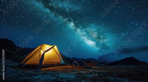 Illuminated tent under glowing night sky with stars and milky way. Tourist equipment for camping.