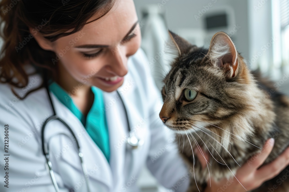 Front view of female veterinarian observing cat Front view of female veterinarian observing cat