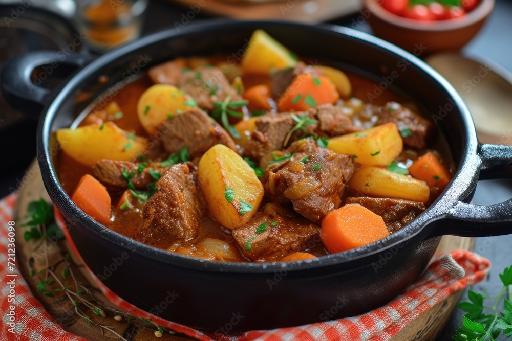 Meat stewed with potatoes, carrots and spices in pot on wooden background Meat stewed with potatoes, carrots and spices in pot on wooden background