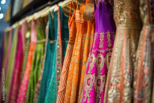 Hanging beautiful indian dresses different colors and decoration at market, shop, boutique, bazaar, fashion clothes designer collection © Lubos Chlubny