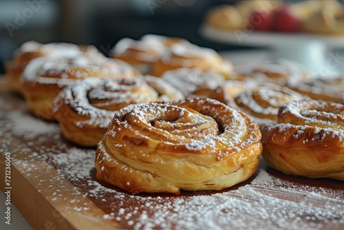 Homemade puff pastry cinnamon rolls and icing sugar.
