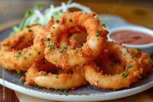 Delicious fried onion rings on a plate as a fast food