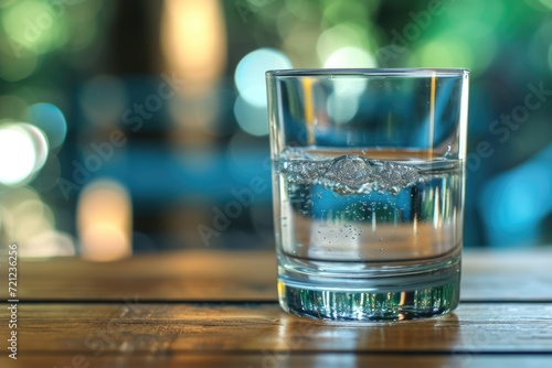 Water in clear glass on wooden table.