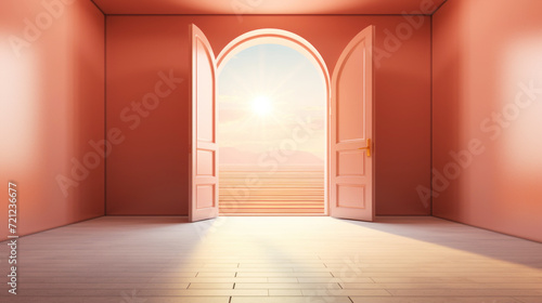 Peach fizz colored interior, empty room with door, lots of sunlight. Minimalistic contemporary concept. Generative AI