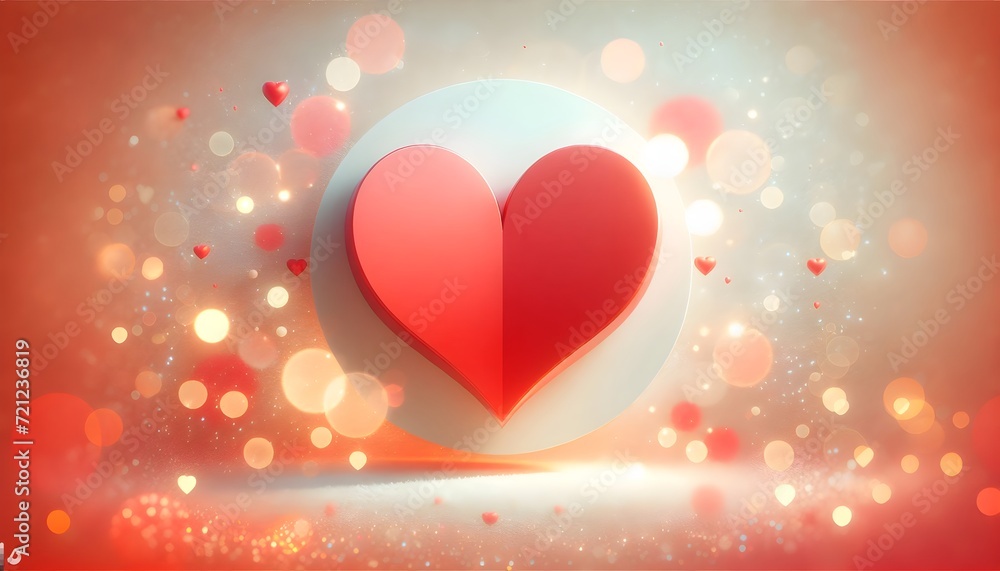 big red heart on a background of red, peach fuzz and gray with bokeh lights and blurred heart shaped spots