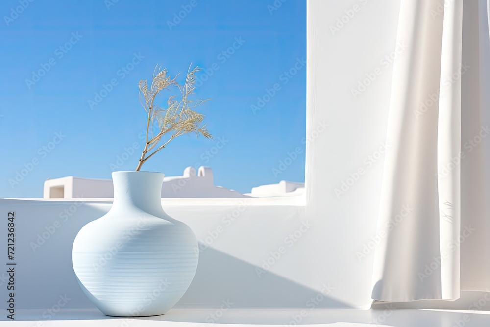 White Pot on Window Sill, Early Morning, Beautiful Blue Skies and White Clouds Background, Cozy House White Pot on Window Sill, Early Morning, Beautiful Blue Skies and White Clouds Background, Cozy House