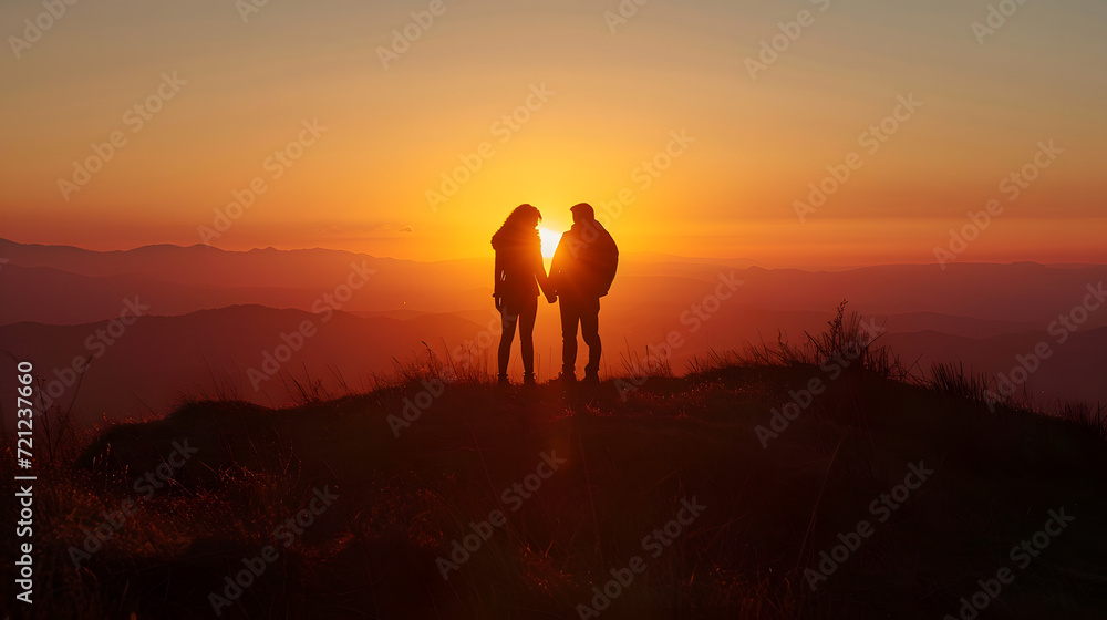 Romantic Sunset Silhouette of Couple Embracing