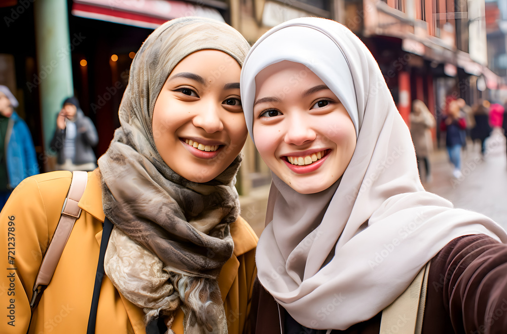 two asian muslim women in hijab taking selfie on smartphone in city two asian muslim women in hijab taking selfie on smartphone in city