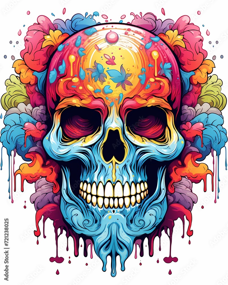 Fototapeta premium Brightly colored sugar skull with flowers and rainbows on white background. Suitable for Day of the Dead celebrations and festive designs.