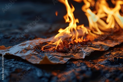 Burning paper with glowing edge on black background.