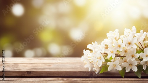 Spring background with white flowers and sunlight in front of wooden table  copy space - generative ai