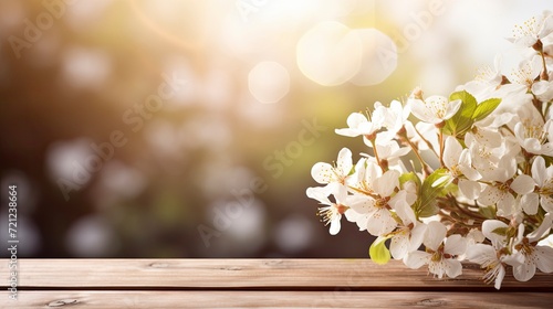 Spring background with white flowers and sunlight in front of wooden table, copy space - generative ai © Nia™