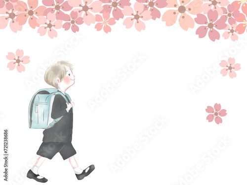 桜とランドセルの男の子