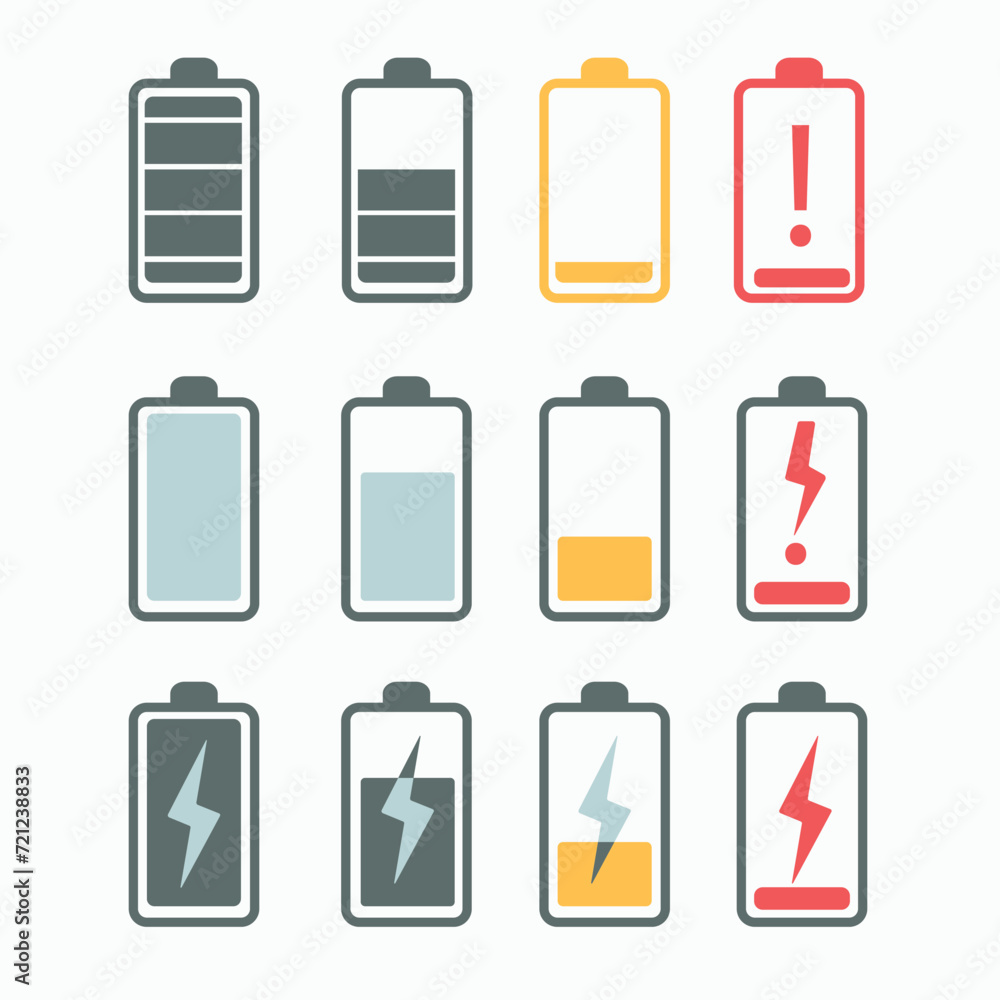 Battery icon set: visual symbols indicating device power levels, offering clear insights into remaining battery life and energy availability Battery icon set: visual symbols indicating device power levels, offering clear insights into remaining battery life and energy availability