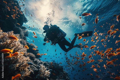 Scuba diver diving on a tropical reef with blue background and reef fish