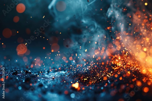 Abstract blue background with flying fire particles